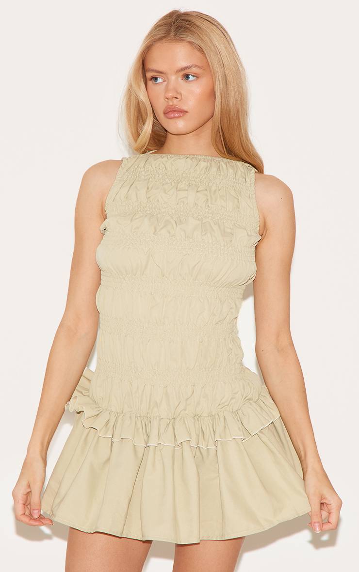 Vert Sauge Robe Droite Ajustée À Volants Froncés