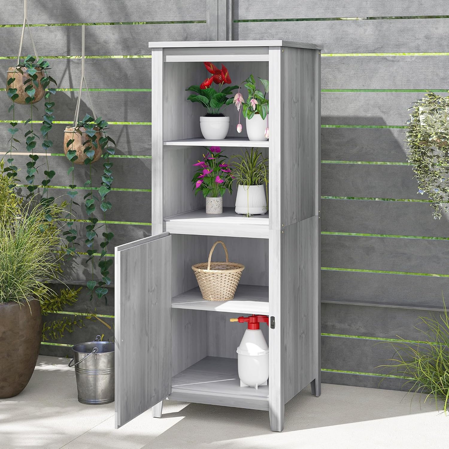 Outsunny Gartenschrank Holz, wetterfest 60x60x160cm Gartenschuppen, Geräteschuppen mit höhenverstellbar Ablagen, Tür, Abschließbar Gerätehaus, Geräteschrank für Terrasse, Hinterhof, Garten, Hellgrau