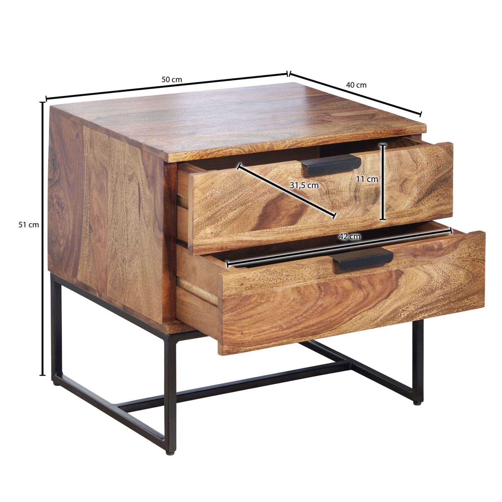 Nachttisch - Sheesham massiv- 2 Schubladen - 50 cm breit