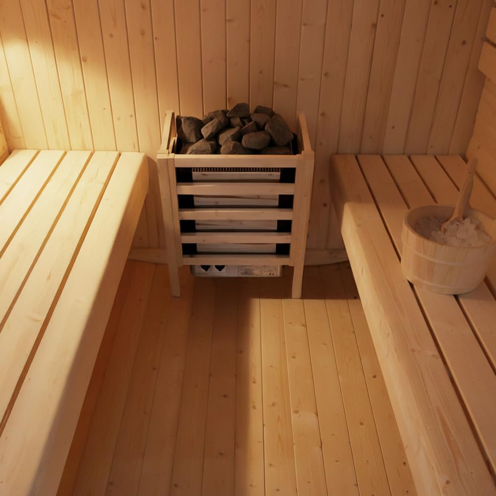 Home Deluxe - Outdoor Sauna Cube L - Maße: ca. 194 cm x 185 cm x 180 cm, Holz: Fichtenholz - inkl. Saunaofen und Saunazubehör I Gartensauna, Außensauna, Sauna Fass für 4 Personen