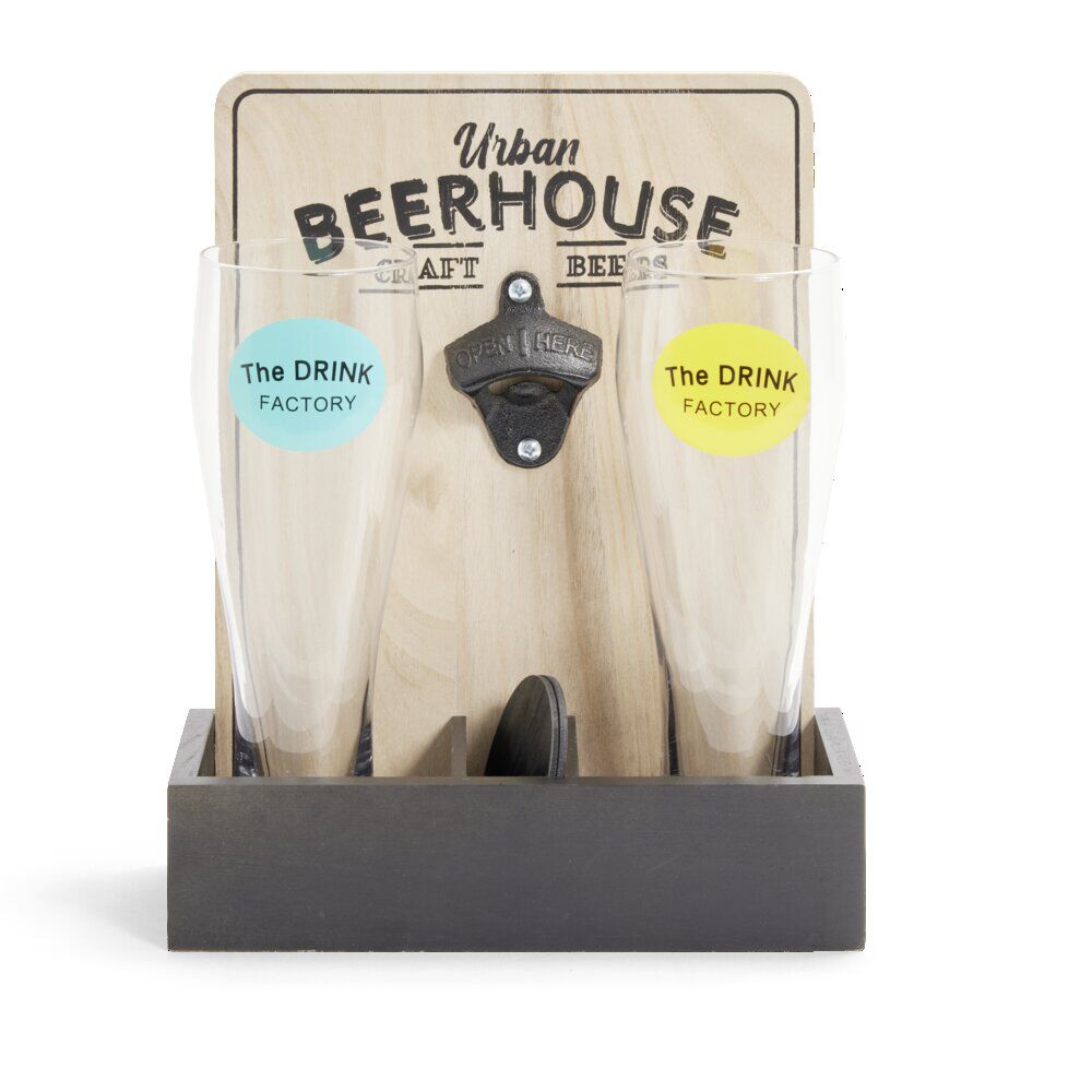 Verre à bière 50cl x2 avec support décapsuleur et 2 sous-verres