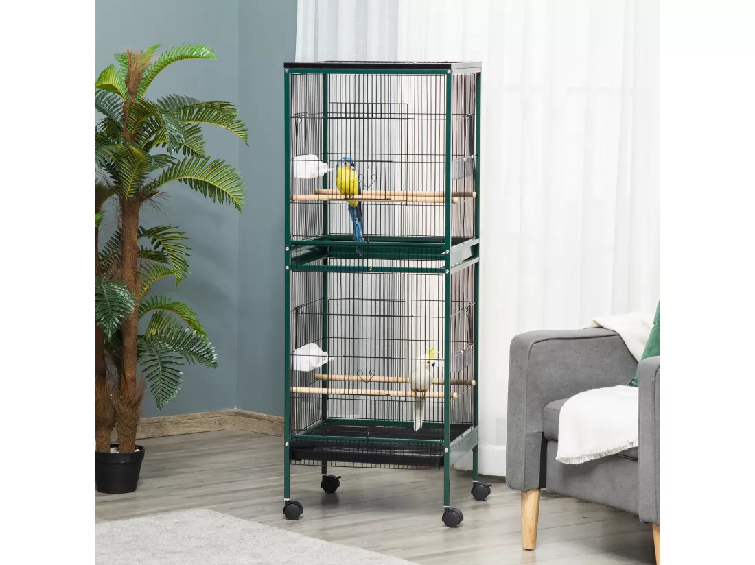 Grande cage à oiseaux sur pied à roulettes - volière double, mangeoires, perchoirs, plateau amovible - vert noir