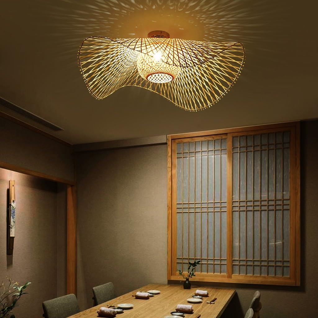 Deckenleuchte Bambus E27 Deckenlampe Boho Style Retro Natürliche Gewebte Lampenschirm Rattan Schlafzimmer Lampe Restaurant Licht Landbeleuchtung Esszimmer Hängeleuchten Wohnzimmer Beleuchtung(75