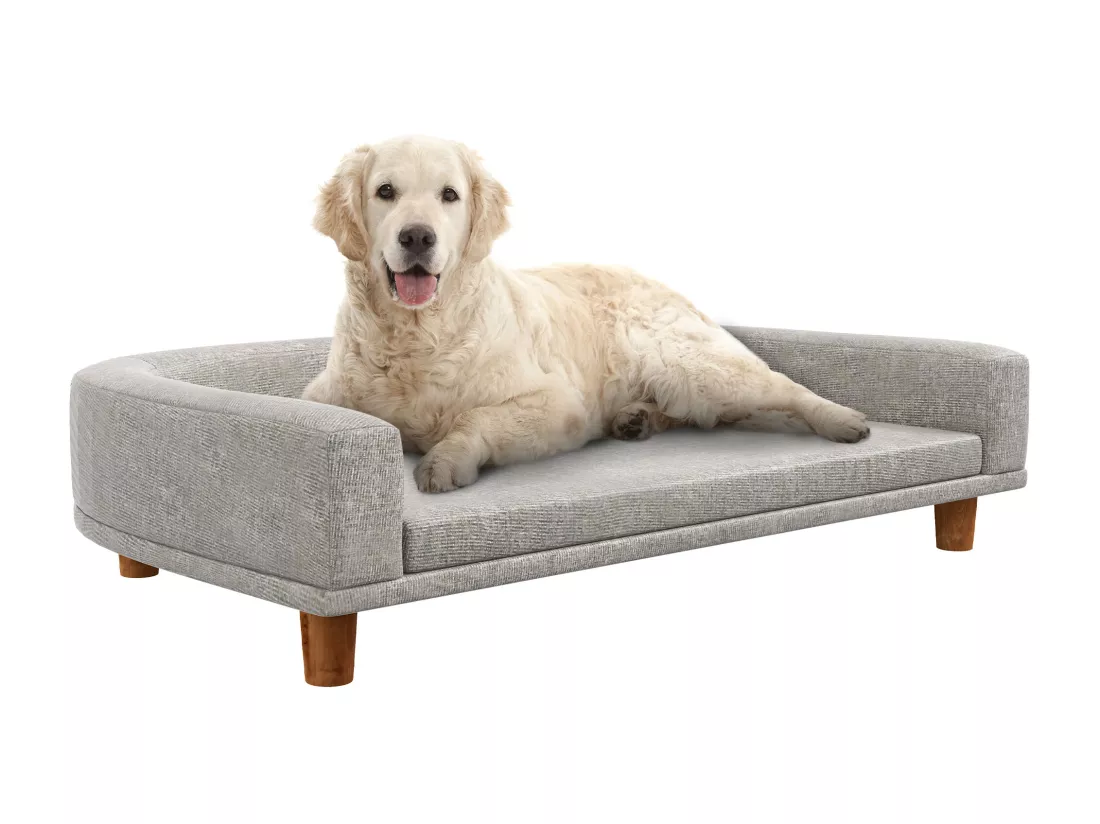 Canapé chien lit pour chien design scandinave coussin déhoussable dim 98L x 67l x 25H cm pieds bois tissu polyester gris