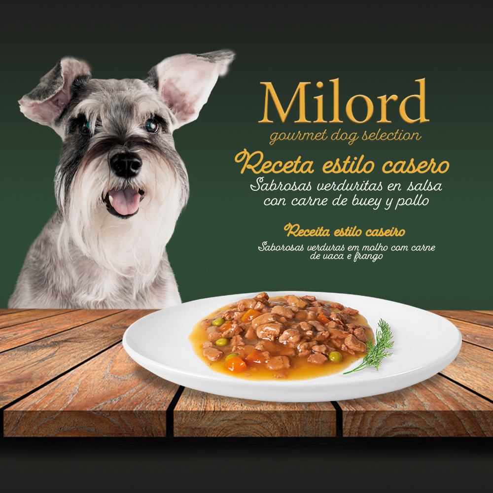Pacote de sachês para cães Milord Homestyle de carne bovina e frango ao molho