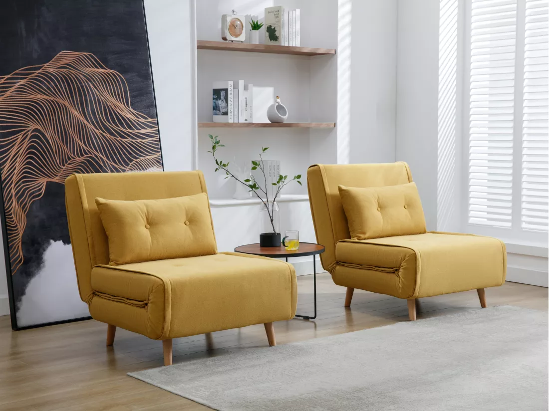 Fauteuil convertible en tissu jaune moutarde URIBIA