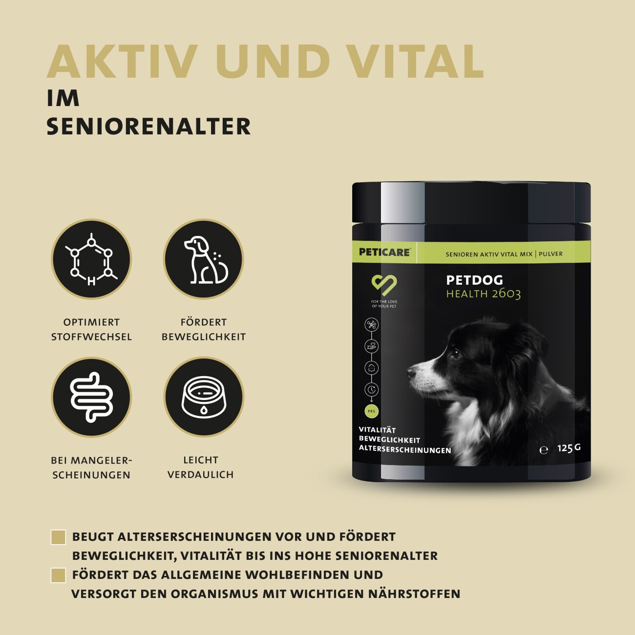 Peticare Senior Pulver für Hunde, fördert Vitalität & Beweglichkeit im Alter