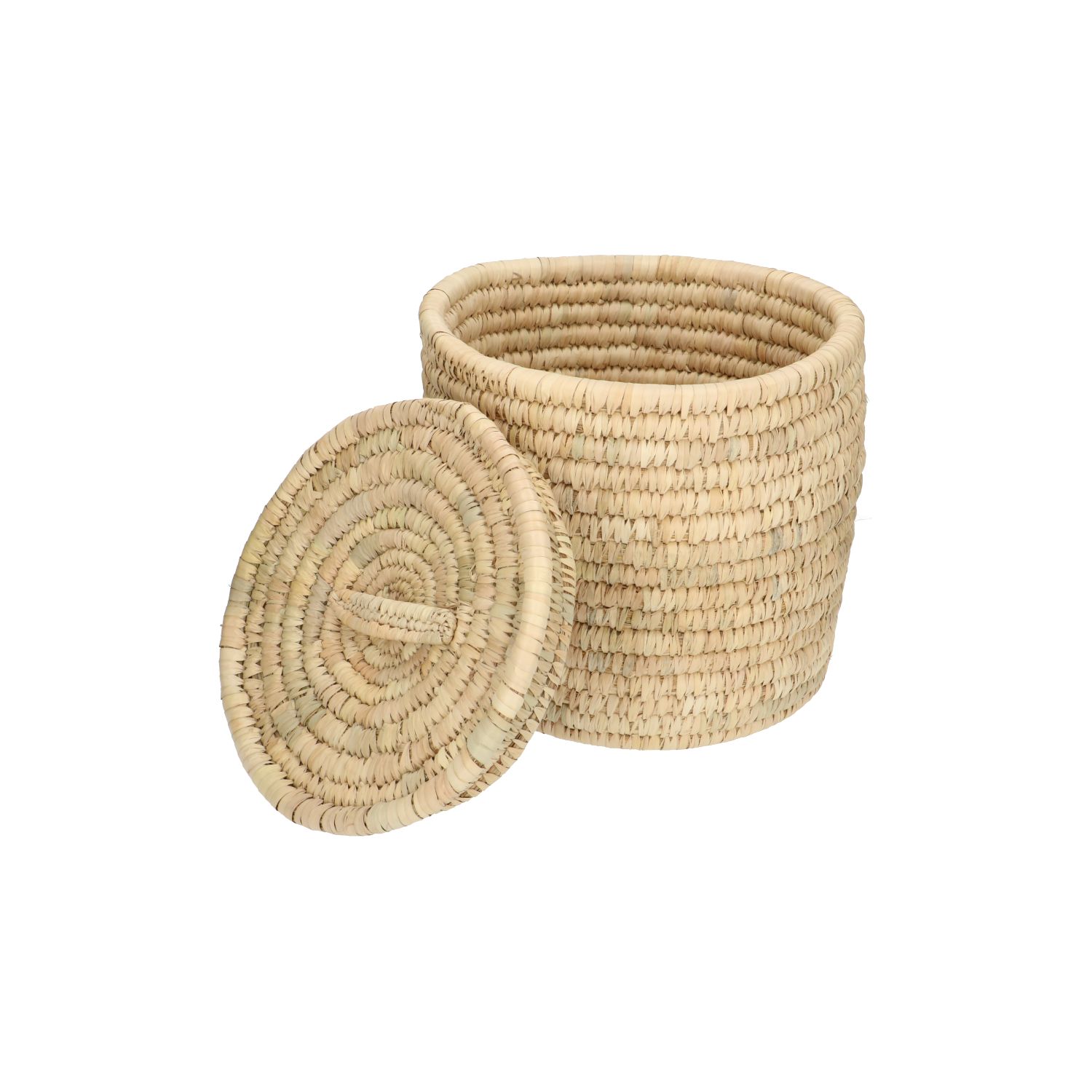 Mand met deksel, rond, kansgras en dadelblad, middel