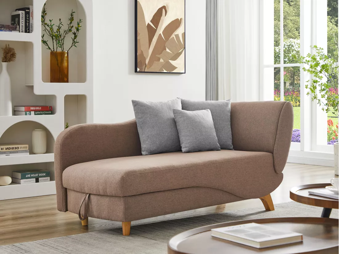 Méridienne gauche convertible en tissu marron avec coffre de rangement PENELOPE