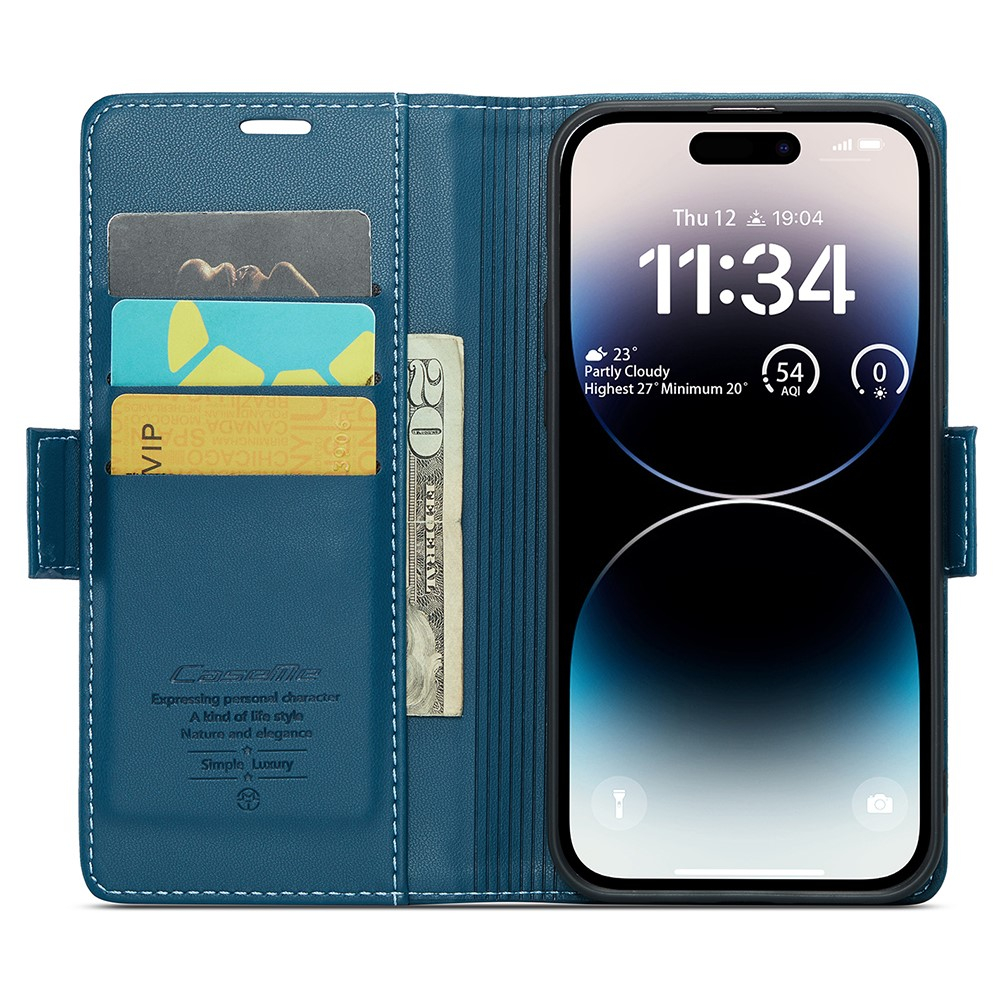 iPhone 15 Pro Max Leder Tasche Flip Wallet Etui mit Kartenfächern Litchi Look (RFID Schutz) - Blaugrün