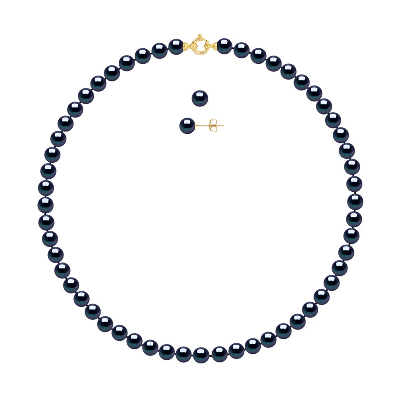 Parure Collier et Boucles d'Oreilles Perles d'Eau Douce 7-8 mm Or Jaune