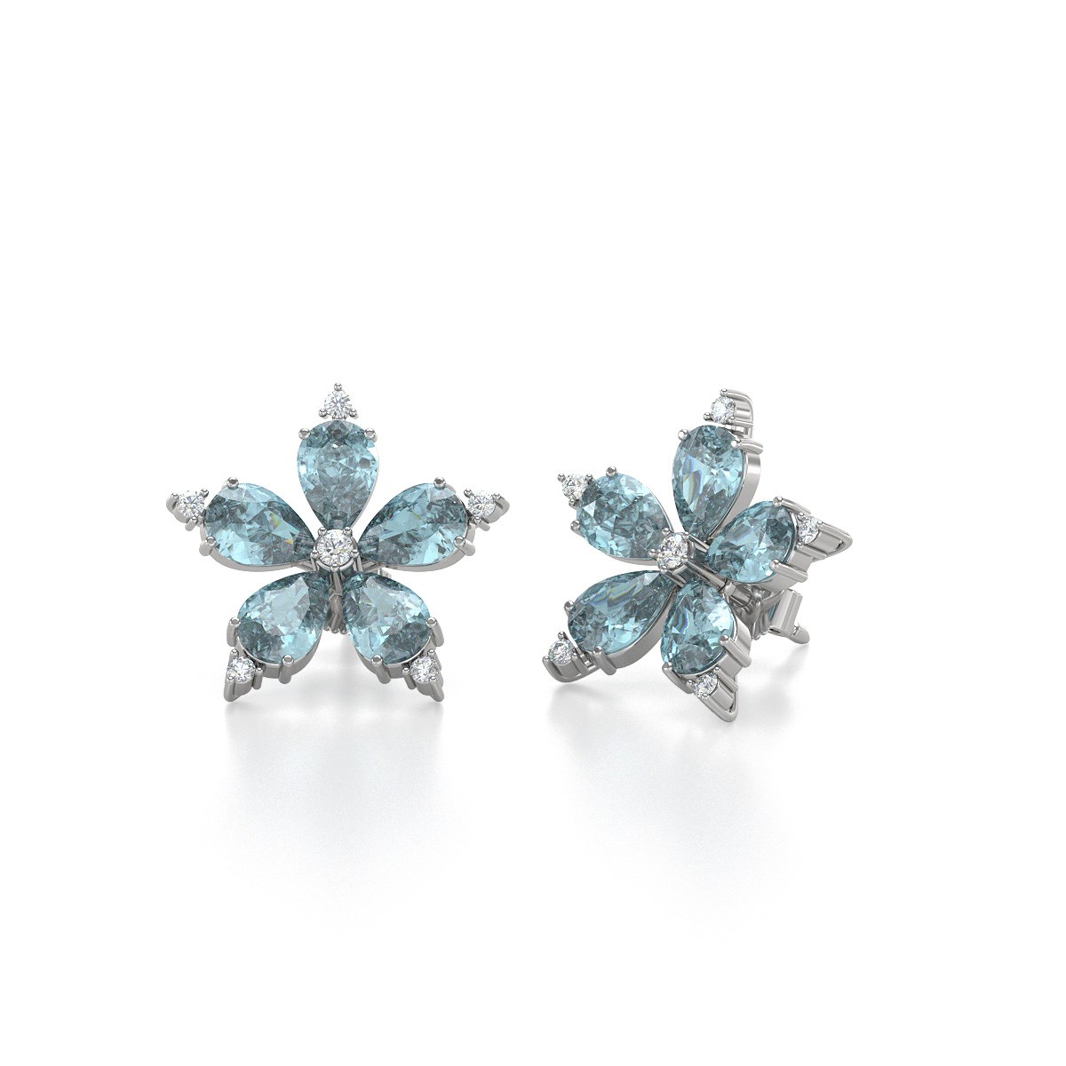 Boucles d'oreilles ADEN Fleur Aigue-Marine et Diamants sur Argent 925 4.52grs