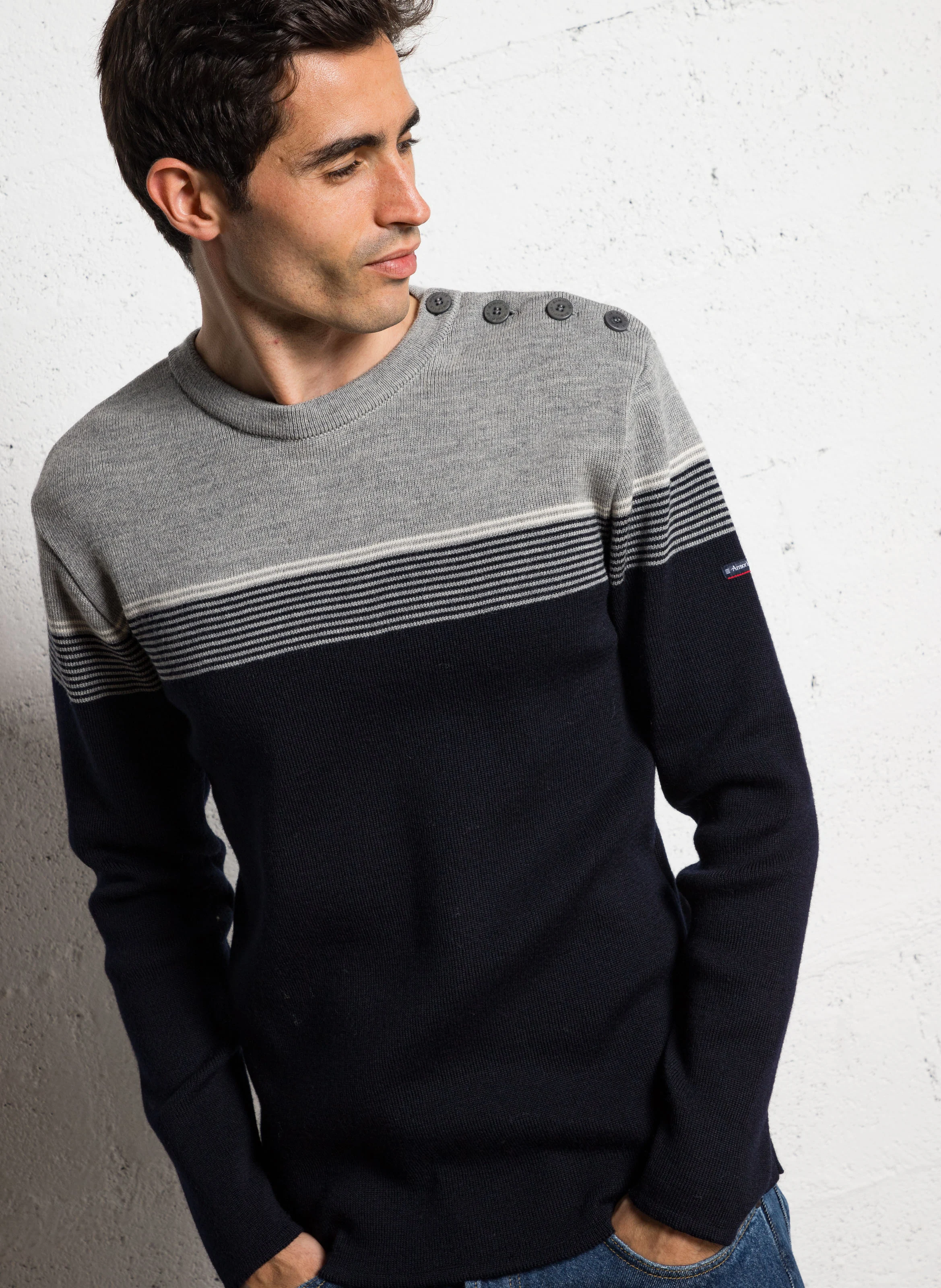 Pull droit col rond rayé en laine | Violet