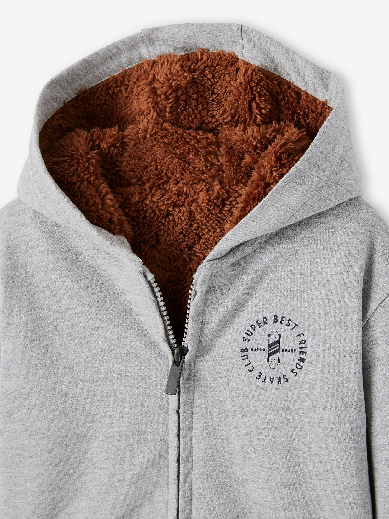 Moletom infantil azul-escuro liso com zíper, forro de sherpa e estampa.