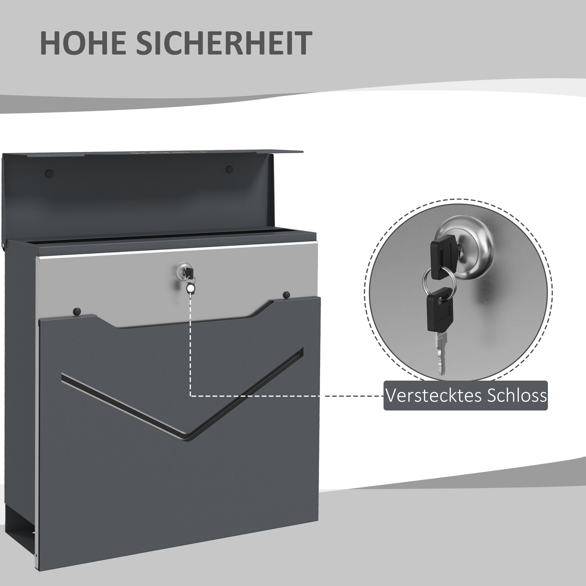 HOMCOM Briefkasten mit Sichtfenster und Wandbefestigung grau 37L x 10,5B x 37H cm