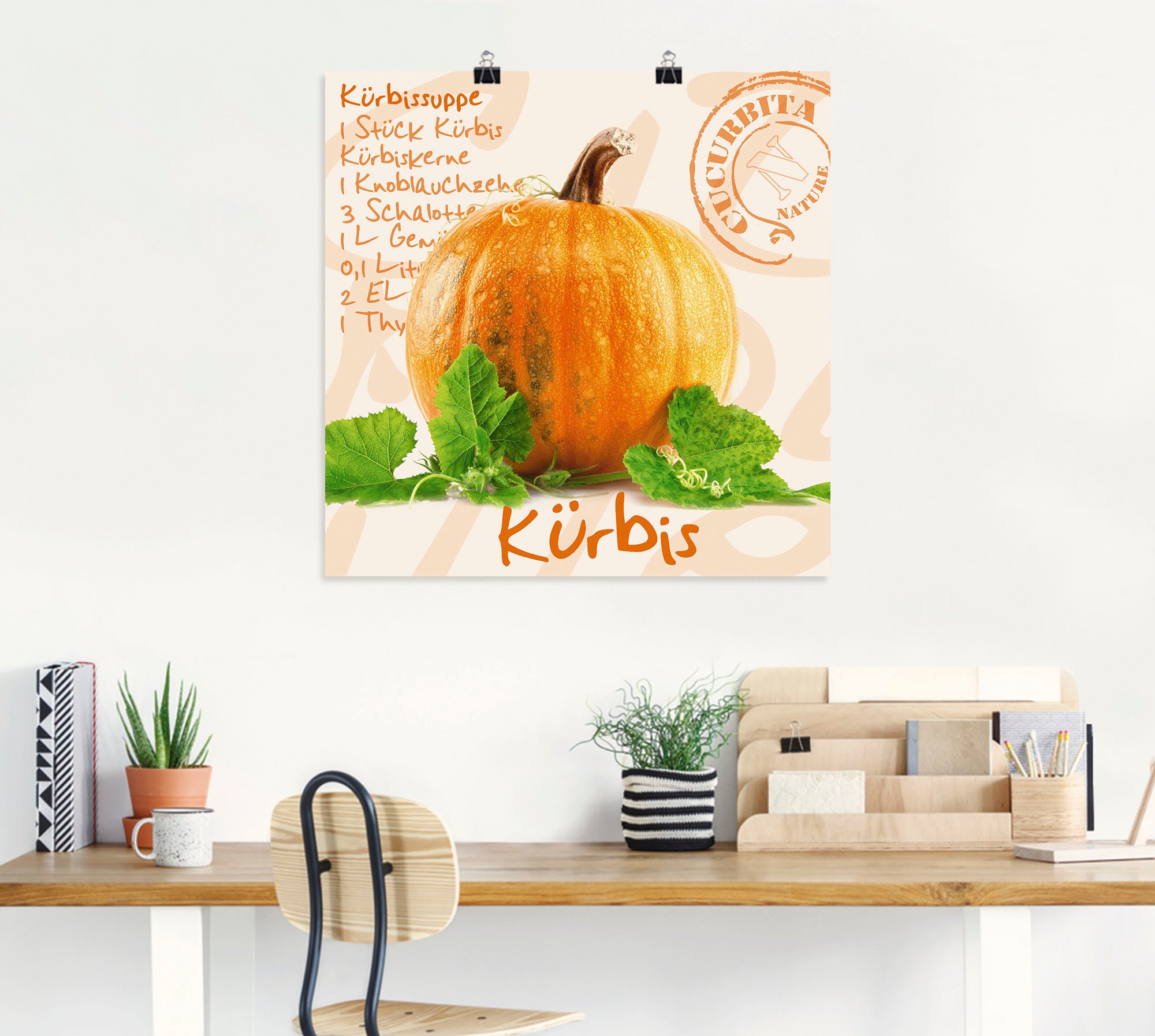 Artland Wandbild »Gelber Kürbis mit grünen Blättern« Lebensmittel 1 Stk. tlg. als Poster, Wandaufkleber in verschied. Grössen
