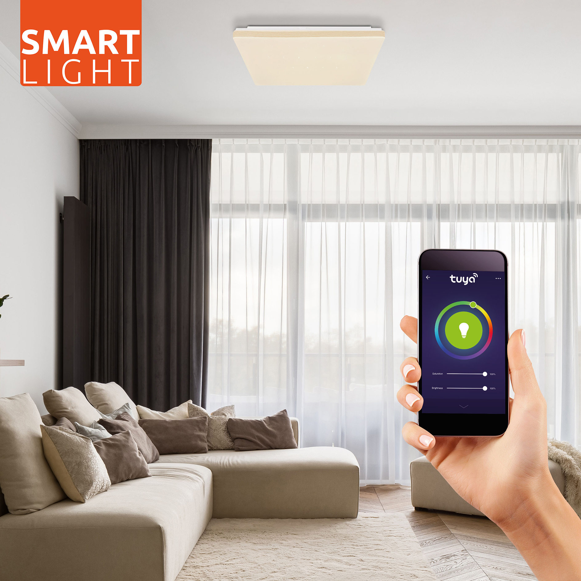 LED-Deckenleuchte - weiß-Holzoptik - Smart Home