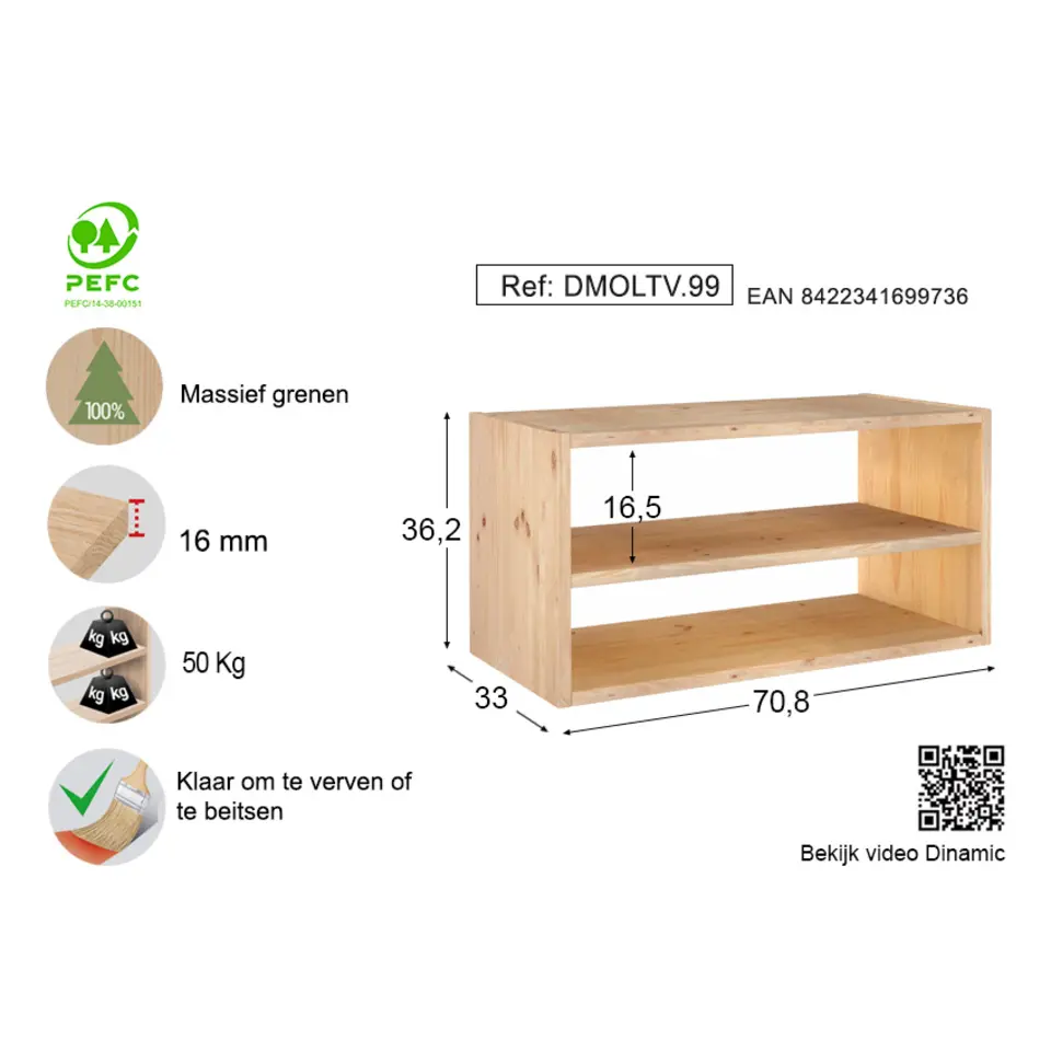 Astigarraga Dinamic Open kast - met plank - PEFC grenen - 71x36cm