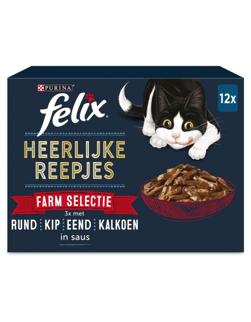 Felix Maaltijdzakjes Heerlijke Reepjes Farm Selectie Box - Kattenvoer - Rund Kip Eend 12x85 g