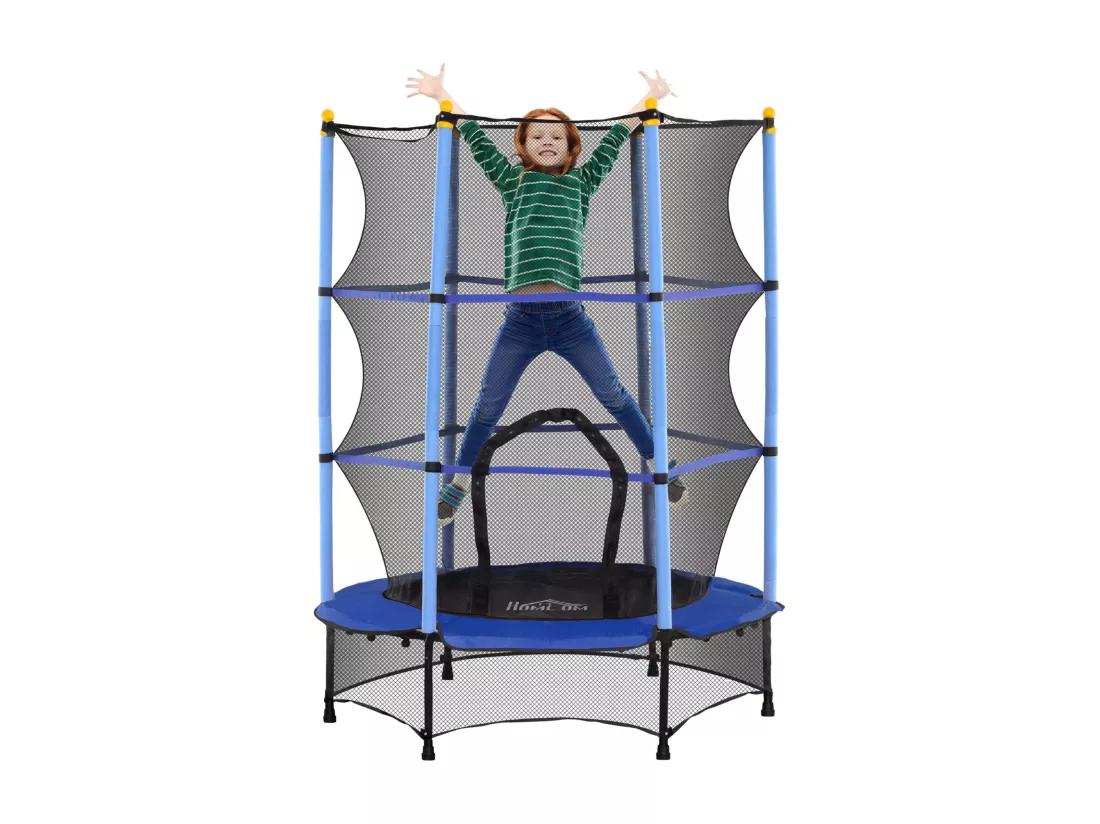 Trampoline de jardin enfants Ø 1,40 x 1,90H m filet de sécurité porte zipée couvre-ressorts + 6 poteaux rembourrés inclus bleu