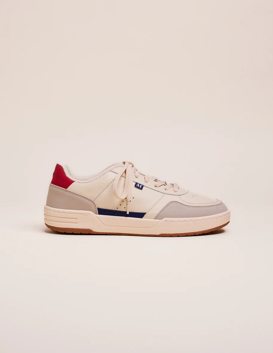 Baskets basses Mael - Cuir recyclé et suède vegan ecru marine rouge