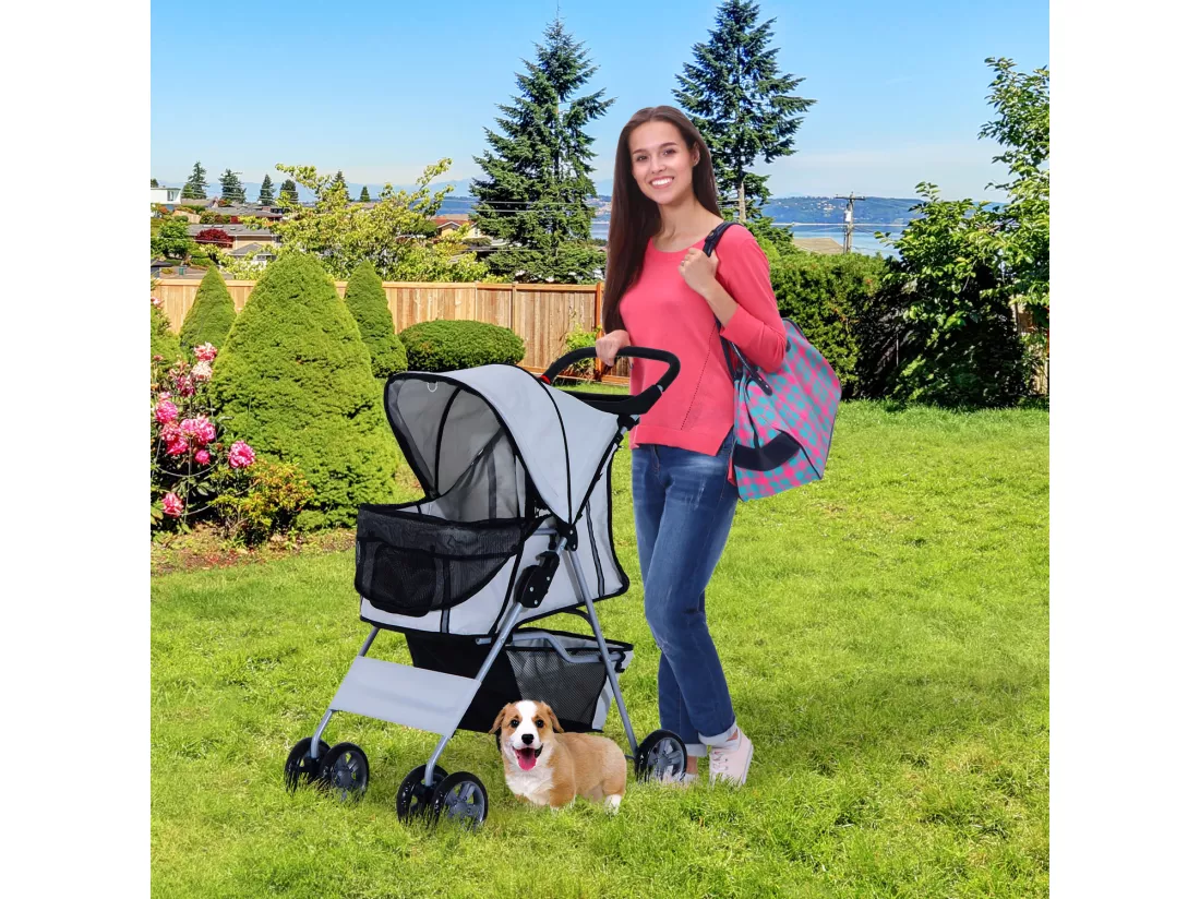 Poussette buggy pliable animaux chariot pliant chien chat porte-gobelet panier de rangement inclus roues avec frein tissu 600D Oxford métal gris