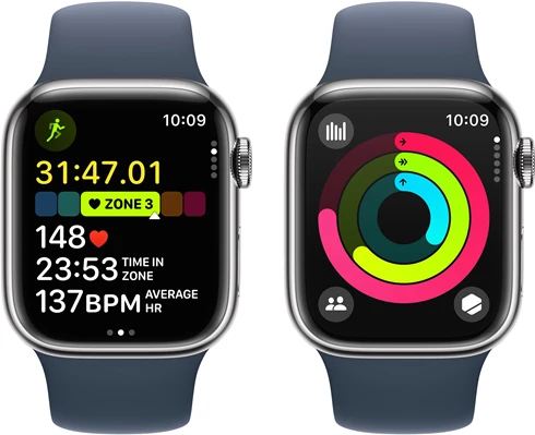 Apple Watch Series 9 GPS   Cellular 45mm Silver Stainless Steel Case with Storm Blue Sport Band - S/M