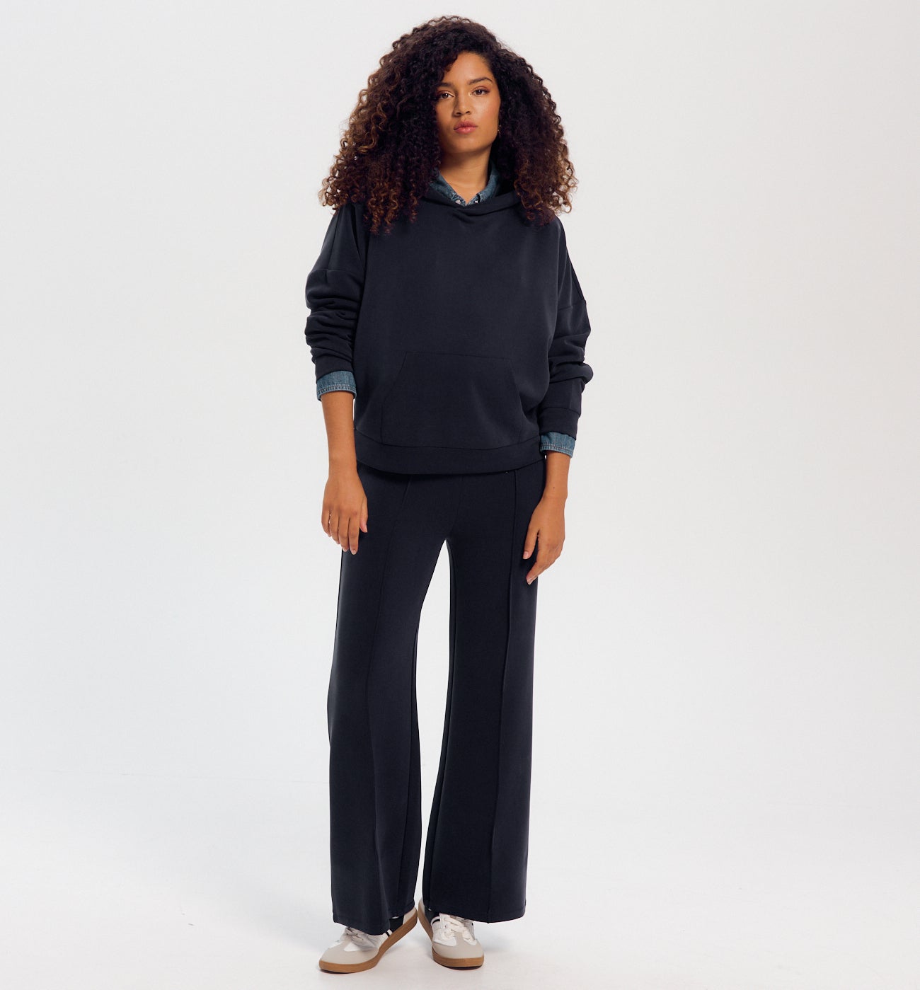 Pantalon large taille haute - MARINE MOYEN