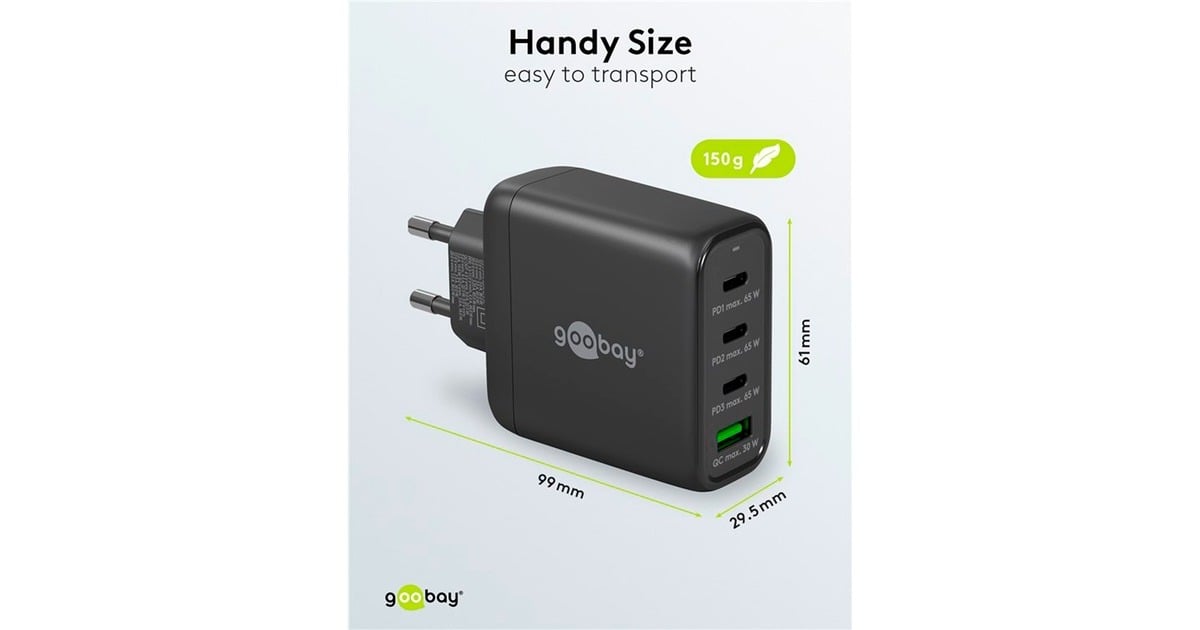 goobayUSB-C PD GaN multipoort snellader (68 W)  (Zwart, 3x USB-C, 1x USB-A, Power Delivery, QuickCharge)