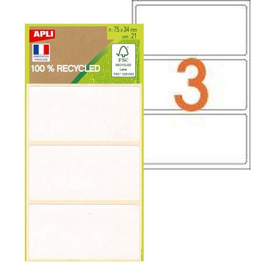Apli Agipa - 21 Étiquettes 100% recyclées blanches - 34 x 75 mm - coins arrondis - réf 101344