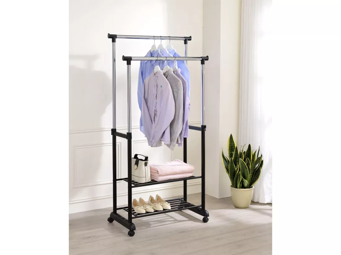 Portant à vêtements NELMA penderie double sur roulettes vestiaires mobile avec 2 barres réglables en hauteur et 2 étagères chromé
