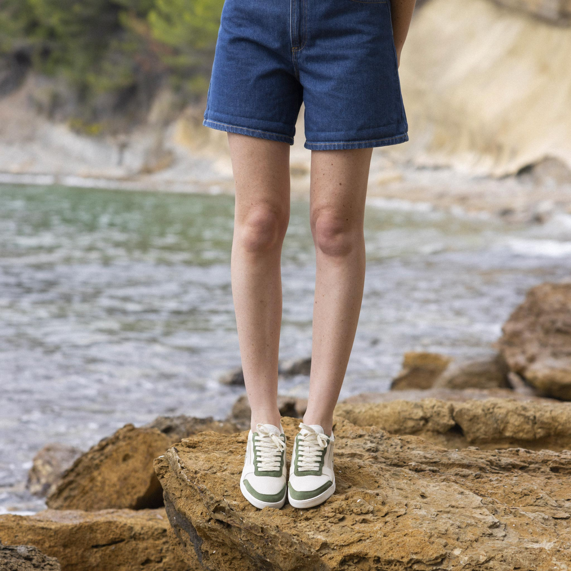 Baskets écrue & kaki cuir et suède - modèle Hazel