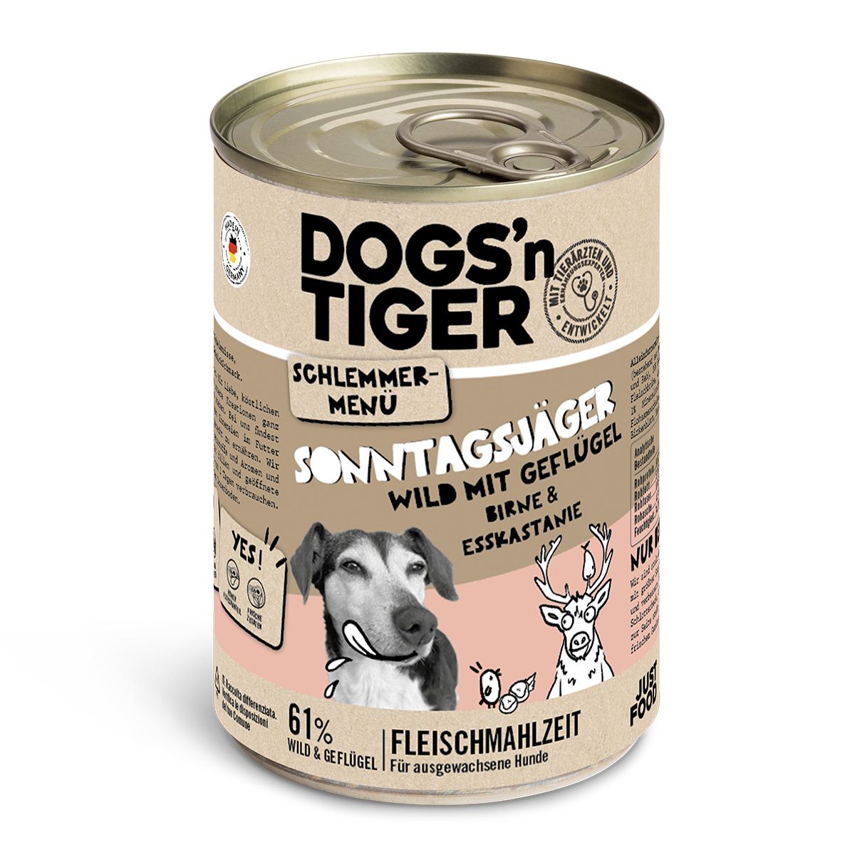Dogs’n Tiger Adult Hundefutter, Sonntagsjäger, Hunde Nassfutter, Wild, Geflügel, Birne & Karotte