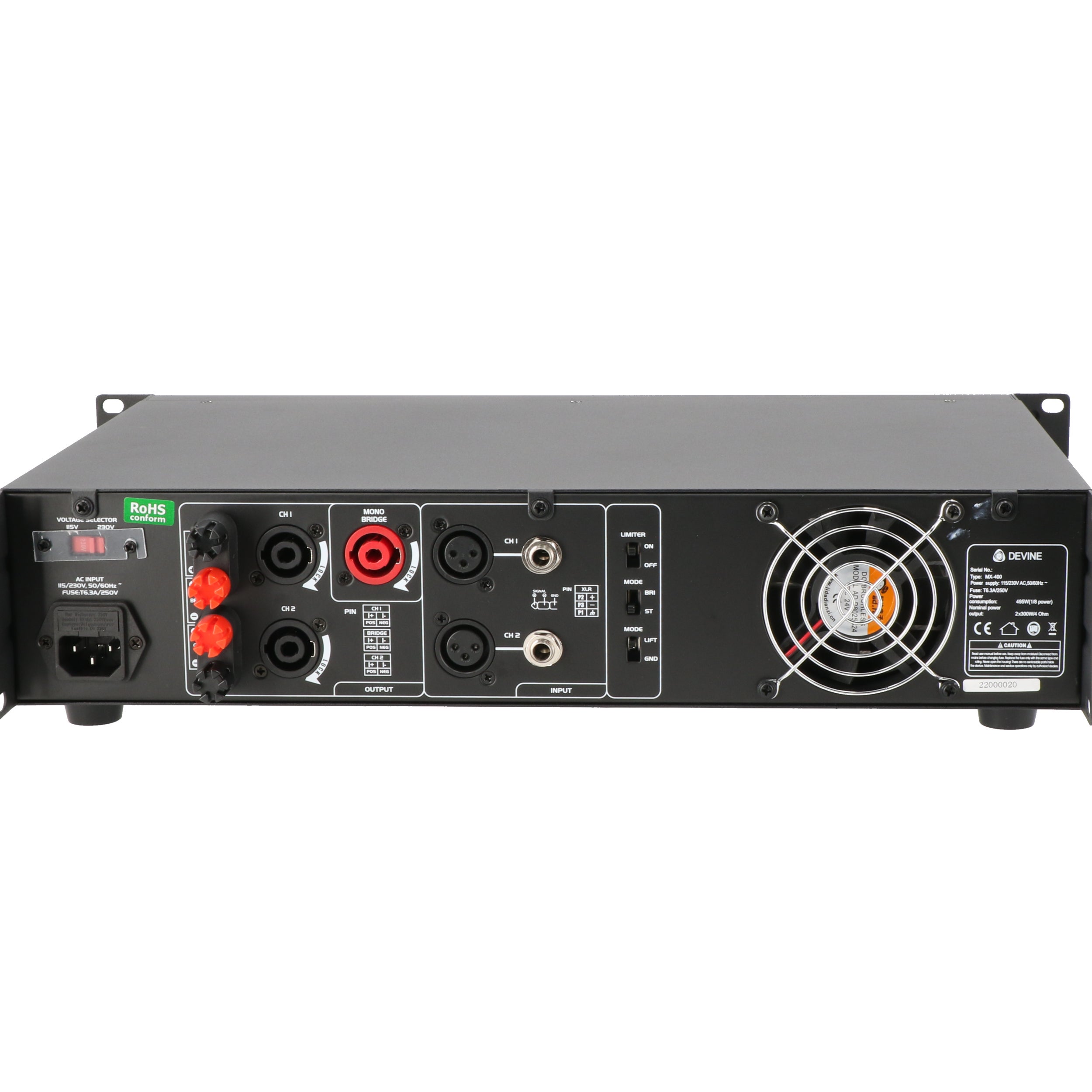 Devine MX-400 2-kanaals PA-eindversterker 2x 200W @ 8 Ohm