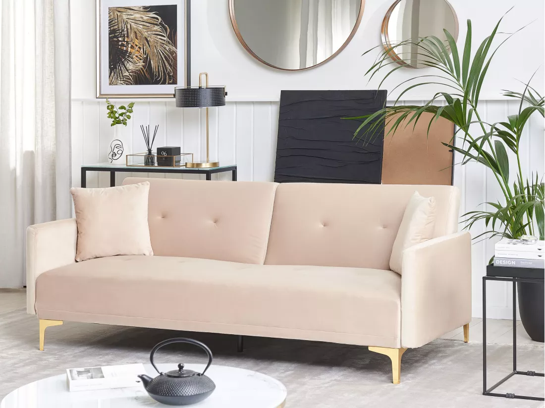 Canapé convertible 3 places en velours beige LUCAN