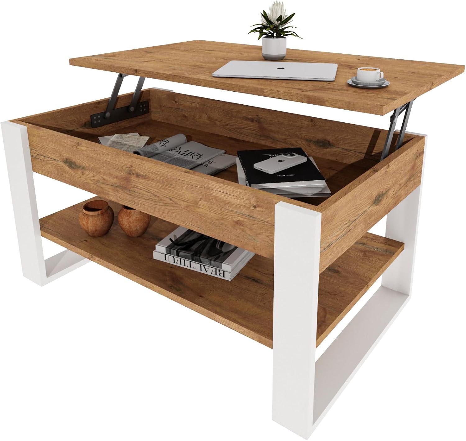 Couchtisch mit anhebbarer Platte | Höhenverstellbarer Wohnzimmertisch mit Stauraum | Sofatisch Eiche Lancelot Weiß modern mit Ablage & verstecktem Fach – Coffee Table für Wohnzimmer & Büro