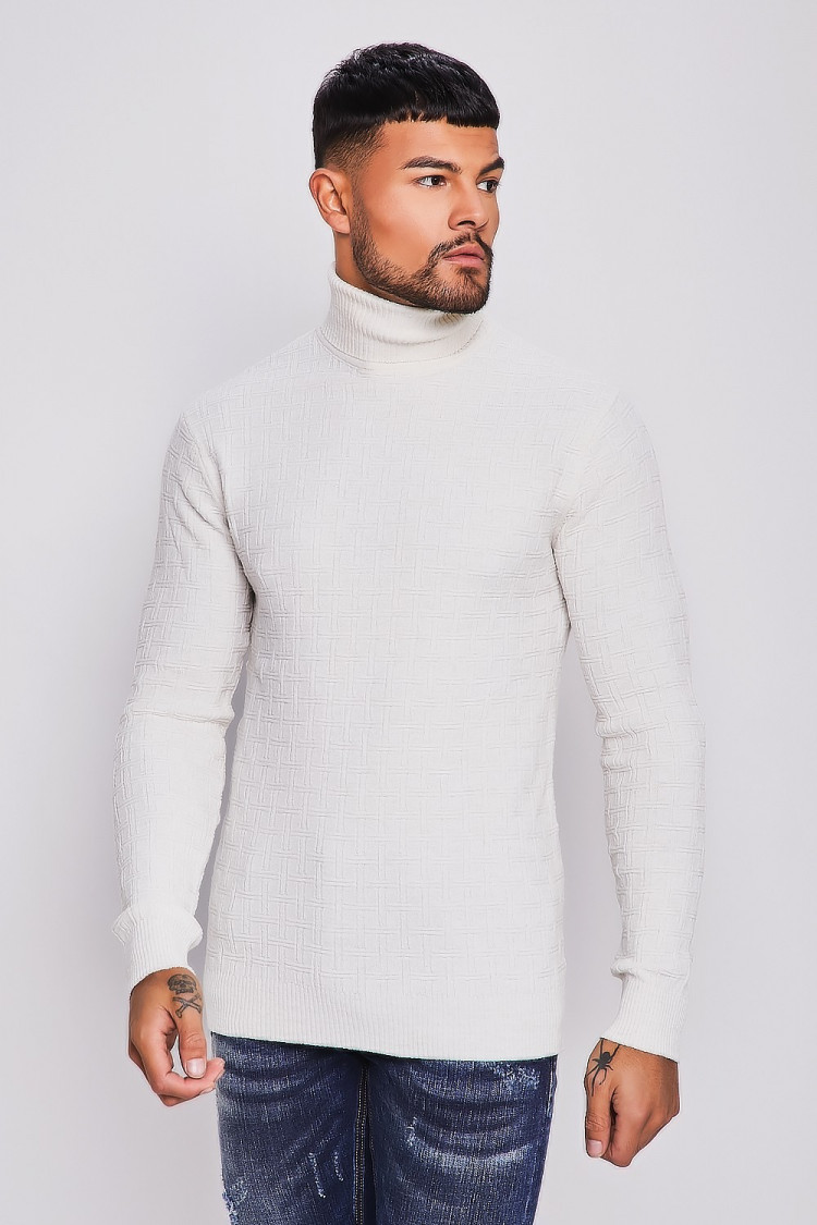 Pull écru col roulé à motif maille