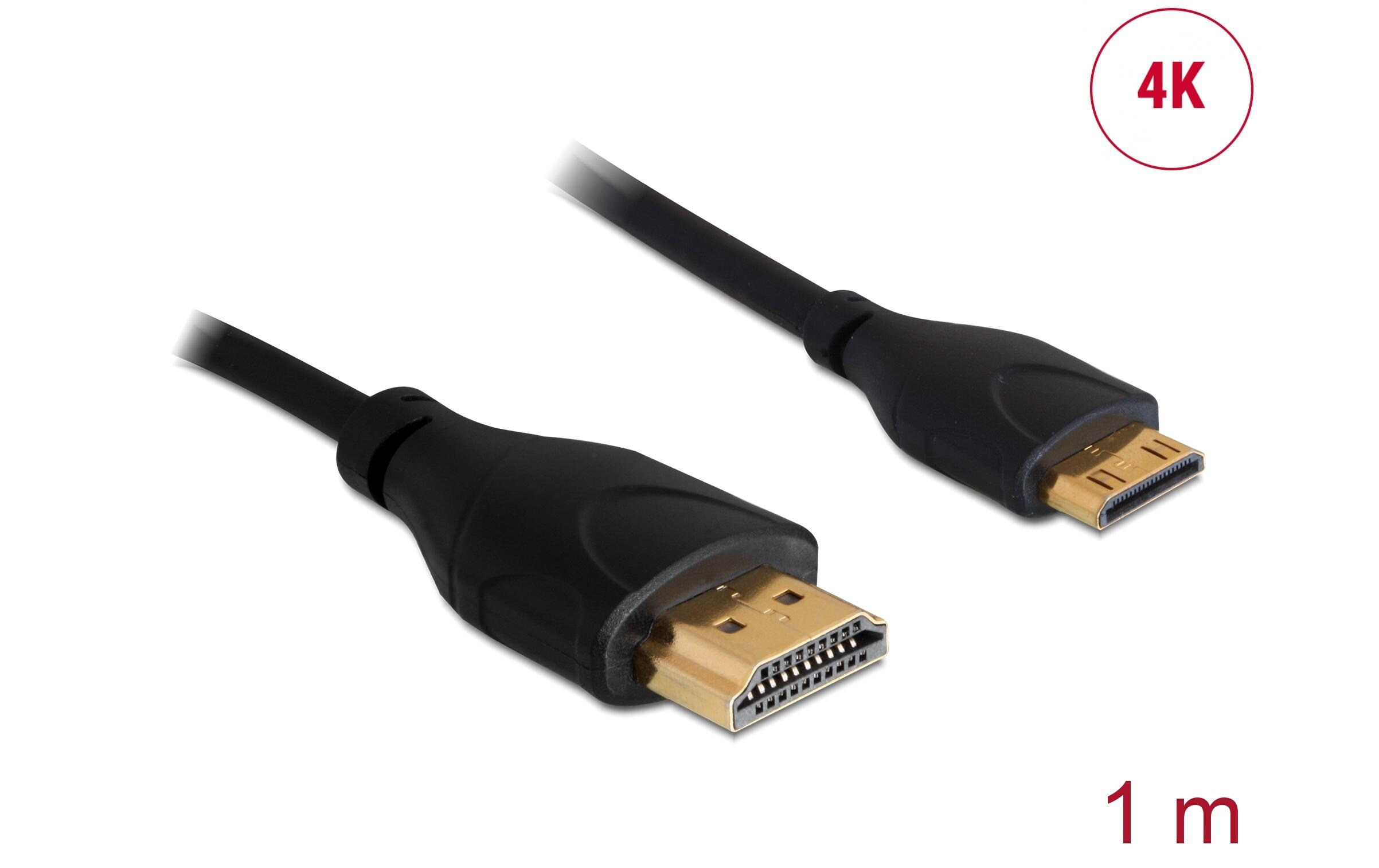 Kabel 4K 30Hz HDMI - Mini-HDMI (HDMI-C), 1 m, SchwarzDelock Kabel High Speed HDMI mit Ethernet – HDMI-A Stecker > HDMI Mini-C Stecker 4K 1 m Slim