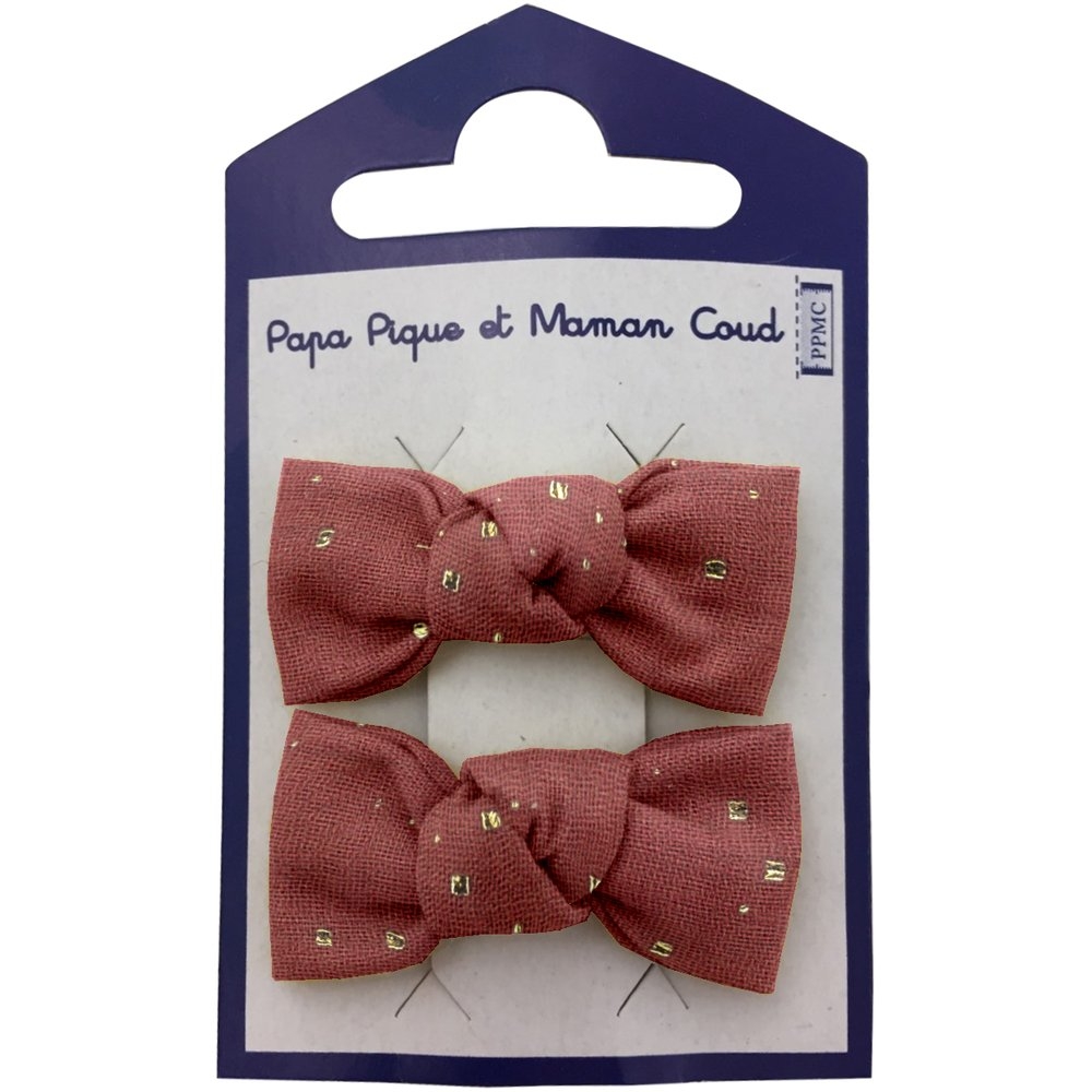 Barrettes Clic-Clac Petits Noeuds Gaze Pois Or Rouille