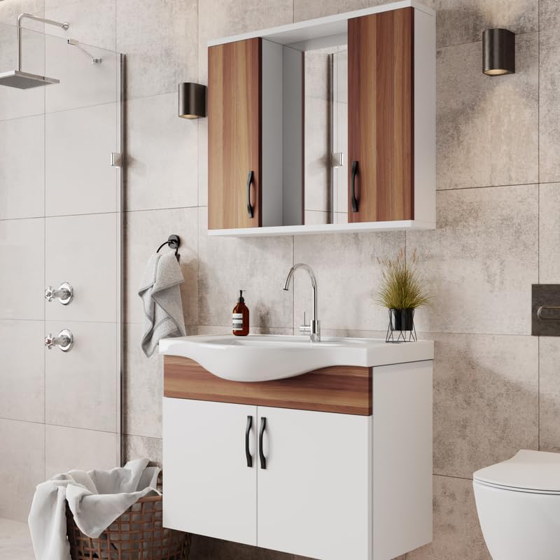 Badezimmermöbel Set Mercan 65 | Keramikwaschbecken | Unterschrank | Spiegelschrank | Bügelgriffe | Weiß mit Weidenholzfurnier | Natürlicher Stil | Badmöbel Waschtischunterschrank