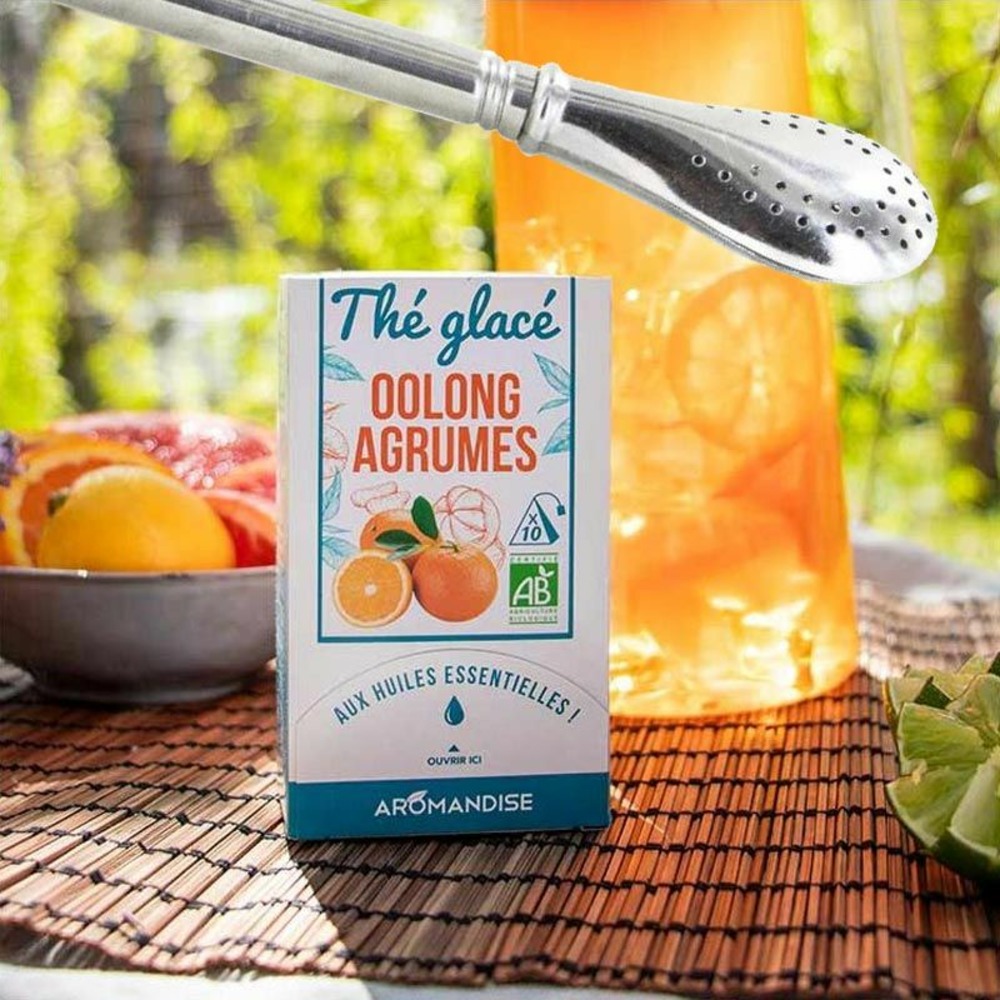 Thé glacé bio oolong agrumes + paille inox avec filtre