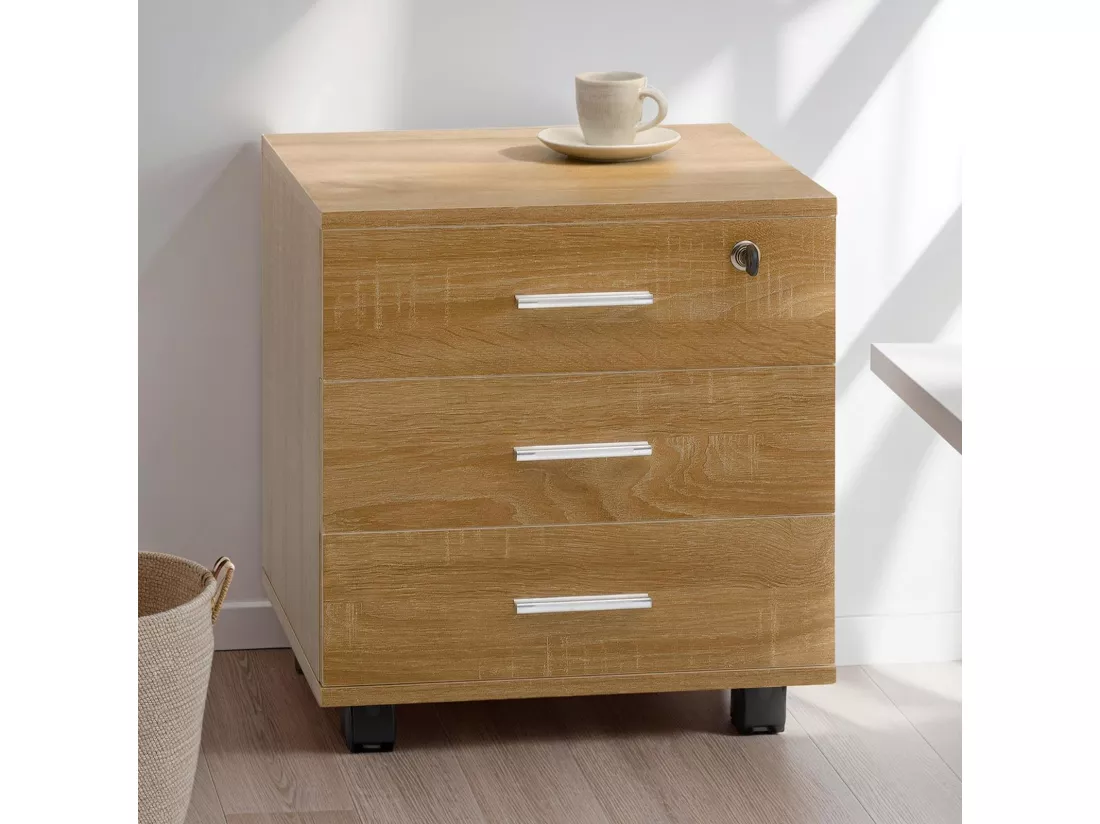 Caisson de bureau IGOR 3 tiroirs, verrouillable sur roulettes dimensions 40 x 46 x 36 cm coloris chêne sonoma, en MDF, fermant à clé
