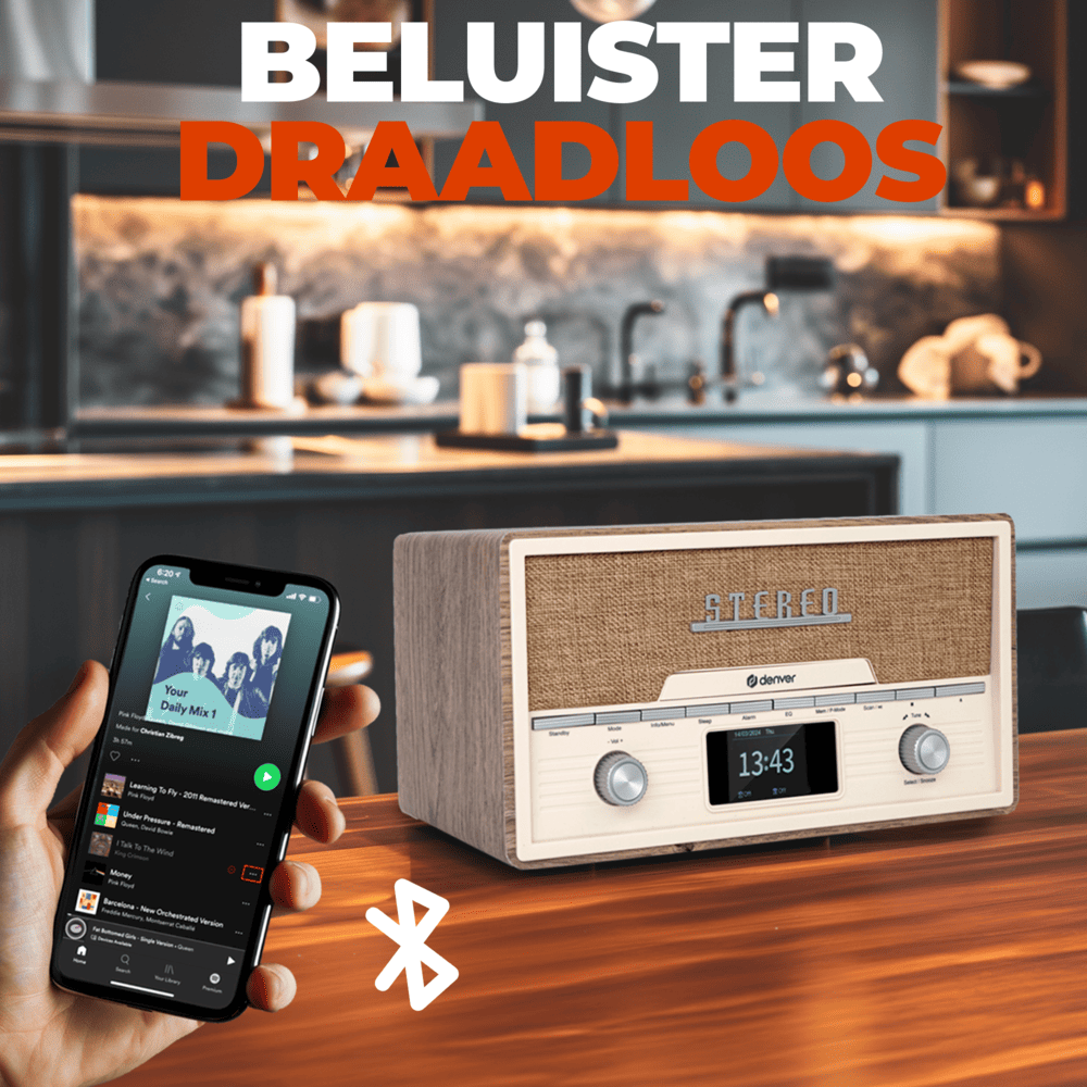 Denver MDA525DW Bluetooth DAB Radio CD Speler – Lightwood