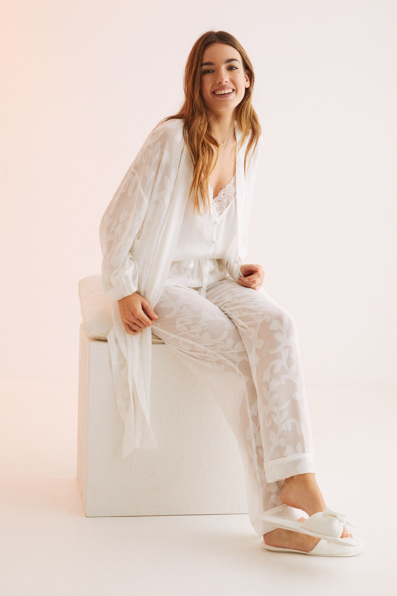 Bata midi jacquard branco - bege