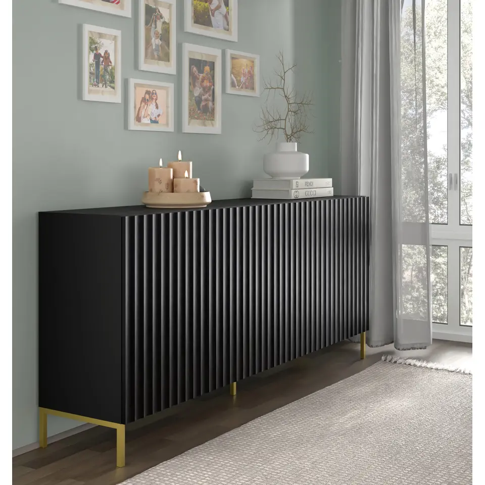WAVE dressoir 4D 200 cm mat zwart   gouden frame