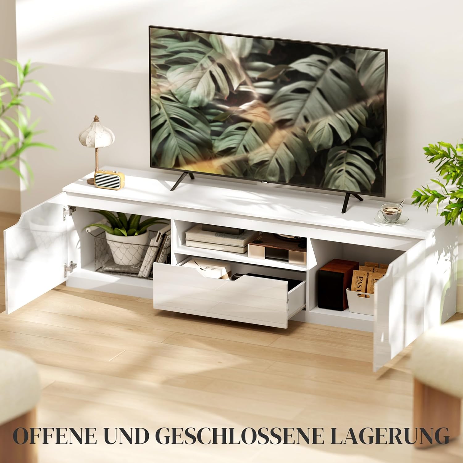HOMCOM TV Schrank Lowboard mit 2 Türen, Schublade, 160 cm lang Fernsehtisch für Fernseher bis zu 65 Zoll, TV Board mit Kabelmanagement für Wohnzimmer, Weiß
