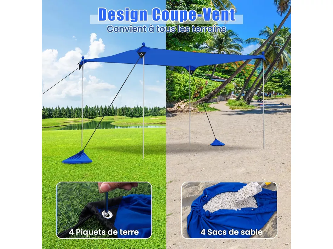 Tente de Plage Portable 3 x 3 M Anti UV UPF50+, Abris Solaire de Plage avec 4 Sacs pour Sable Piquets de Sol 2 Poteaux Sac de Transport, Idéal pour Plage Camping Pêche (Bleu)