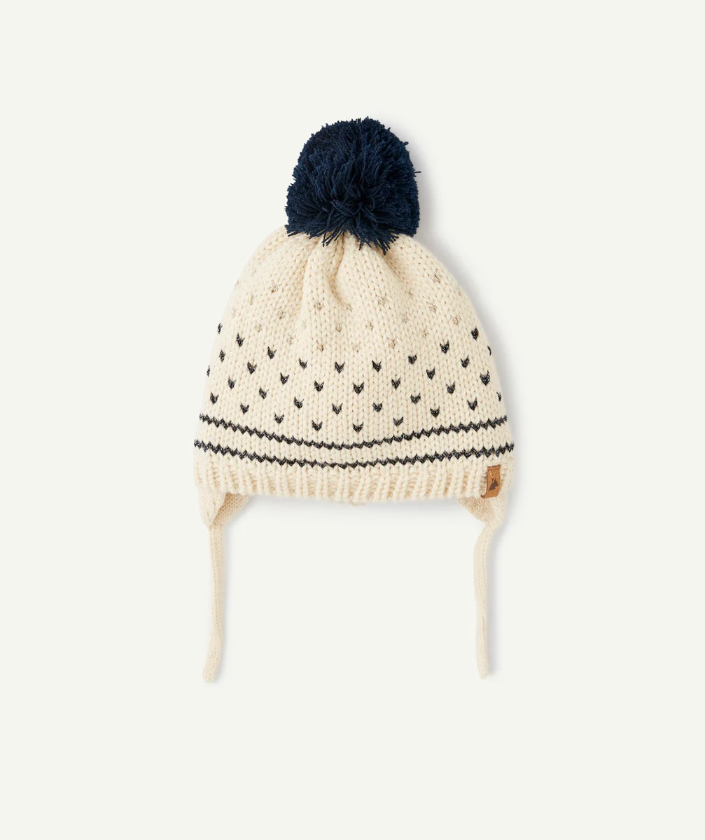 BONNET TRICOT BÉBÉ FILLE BEIGE ET BLEU AVEC POMPON ET DÉTAILS PAILLETÉS