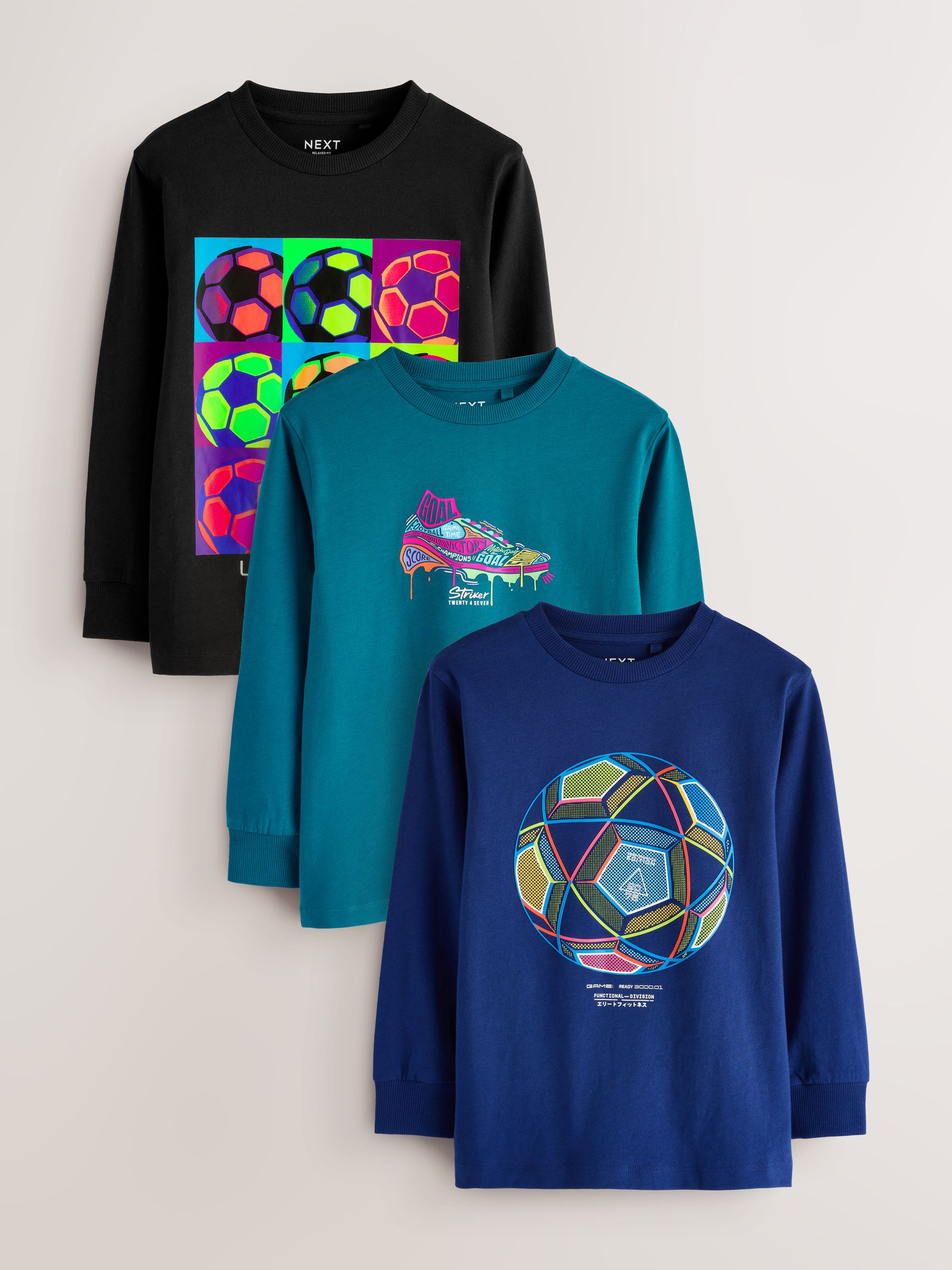 Blauw/Blauwgroen/Zwart Voetbal - 3 Relaxed Fit T-shirts met grafische print en lange mouwen (3-16jr)
