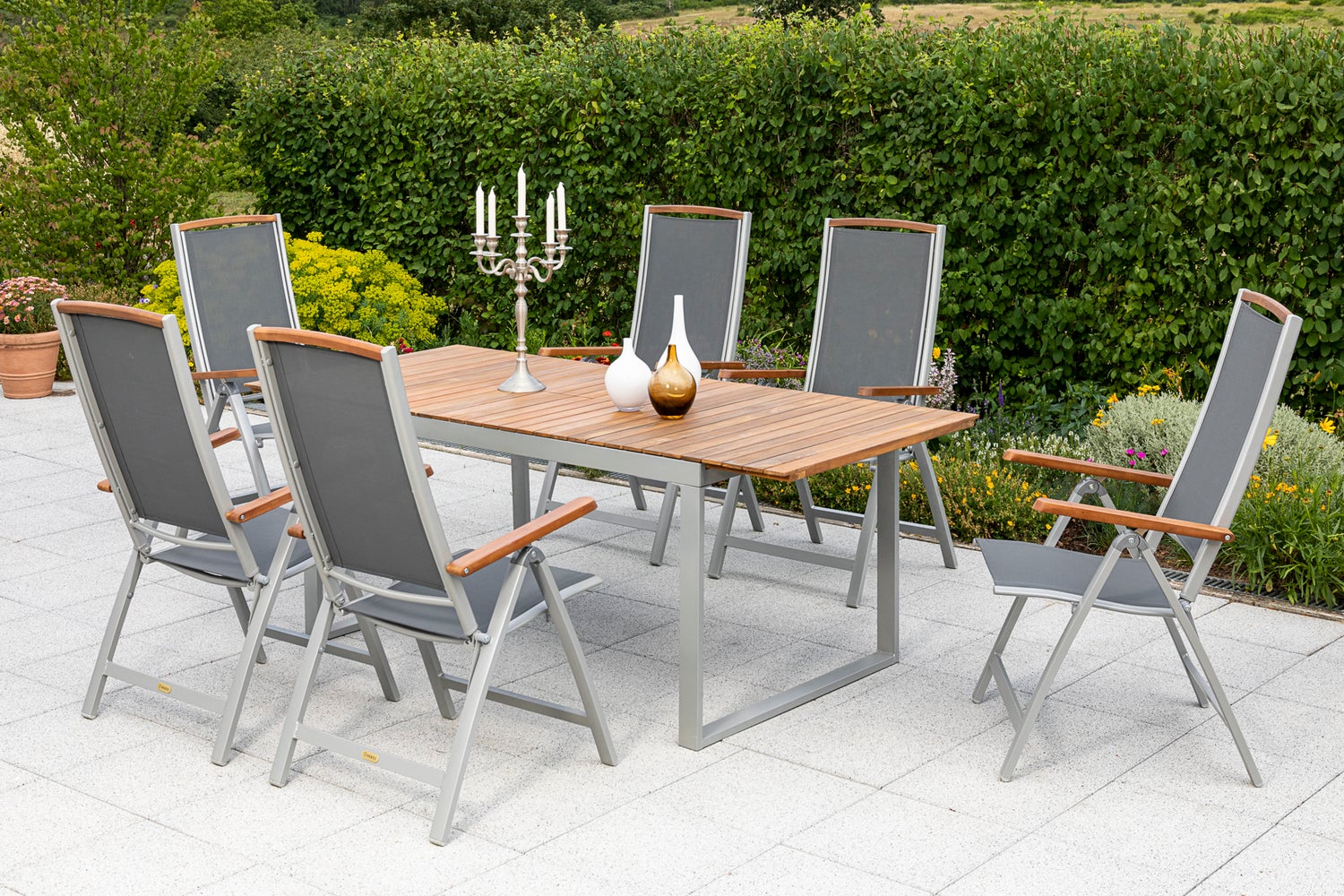Siena 7-delige tuinmeubelset, klapstoel, uitschuifbare tafel 150 (200) x 90 cm, zilver/zwart